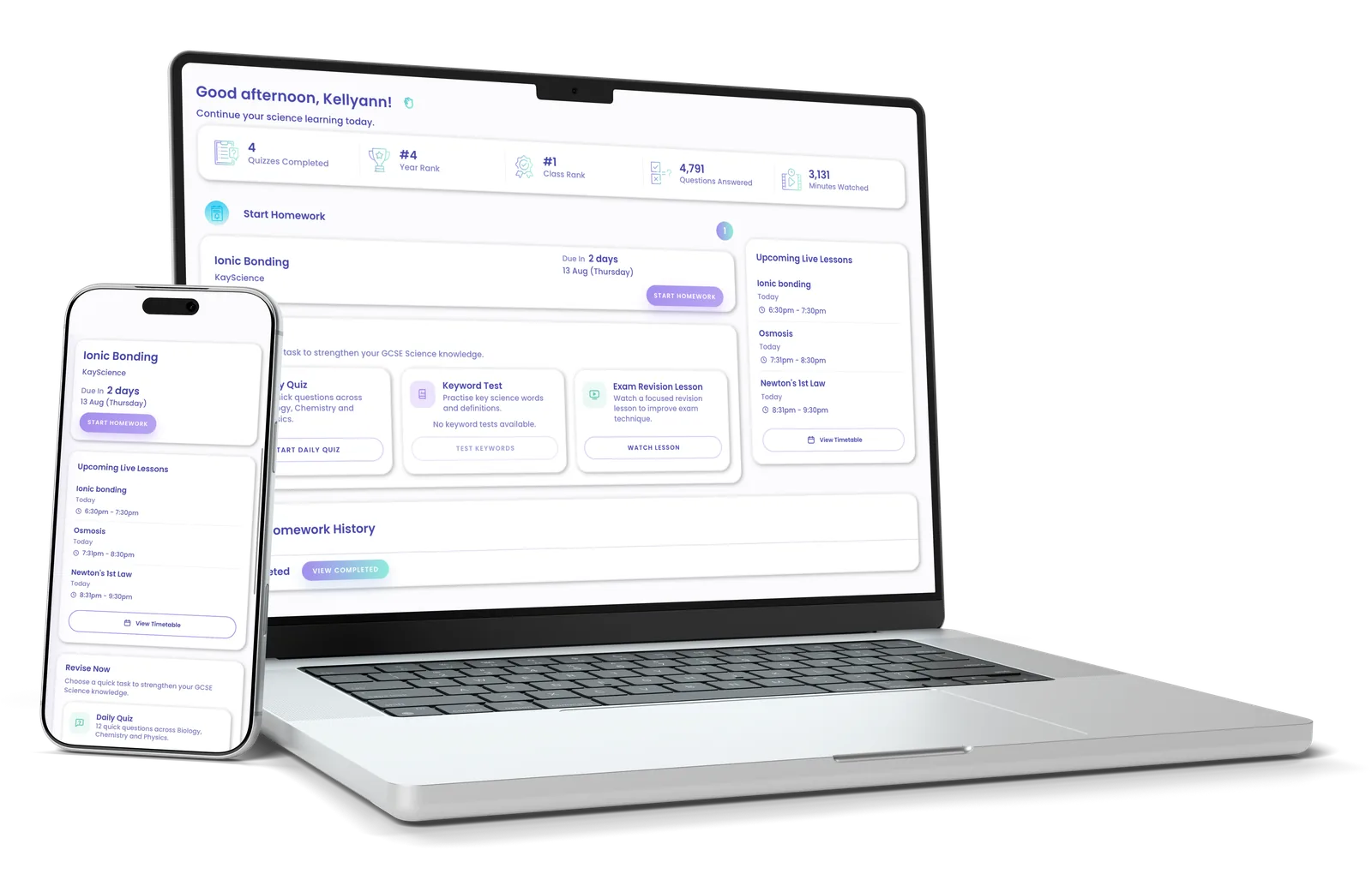 KayScience student dashboard shown on a laptop and a mobile phone, with live session and expert teacher callouts