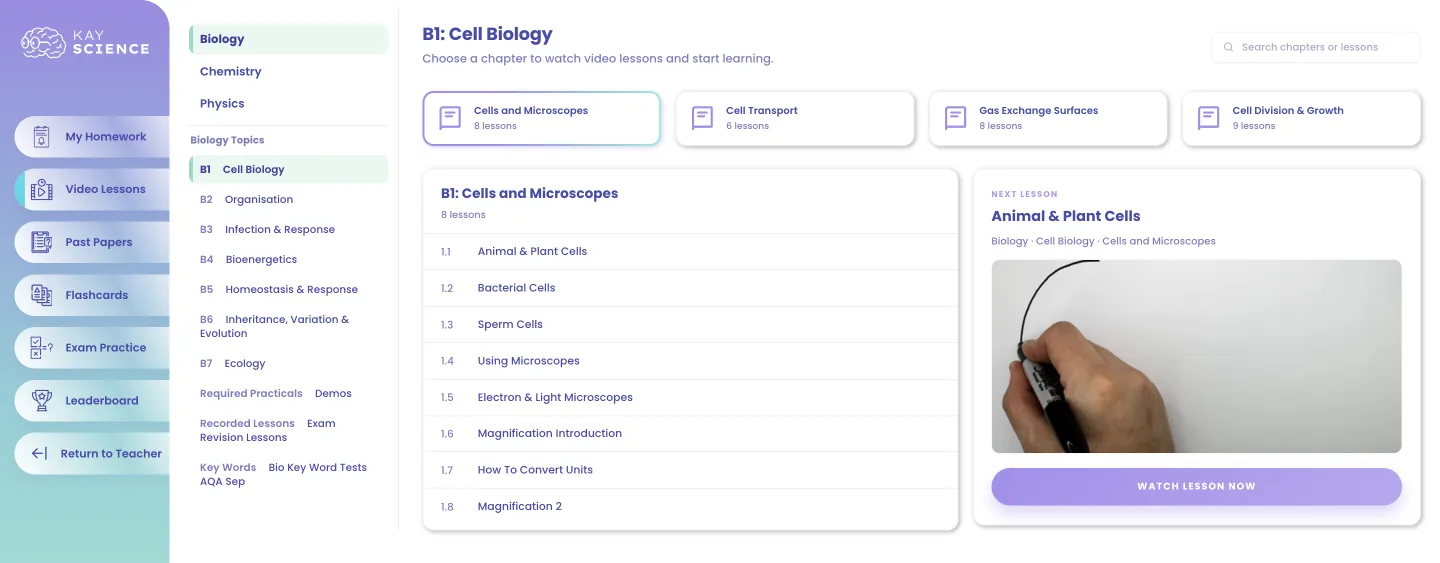 KayScience lesson library showing GCSE Biology chapters and lessons