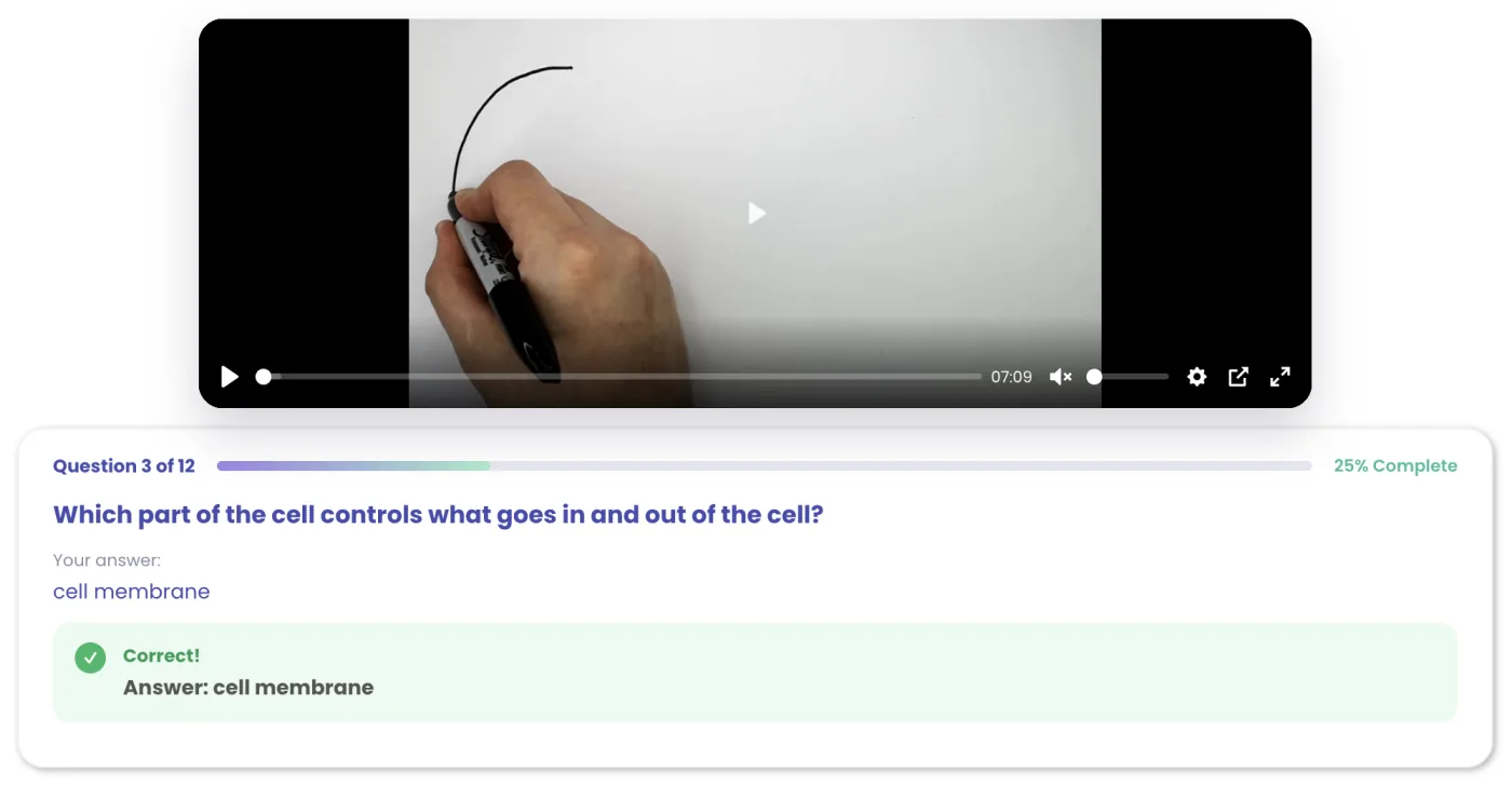 Video quiz question with instant marking and feedback