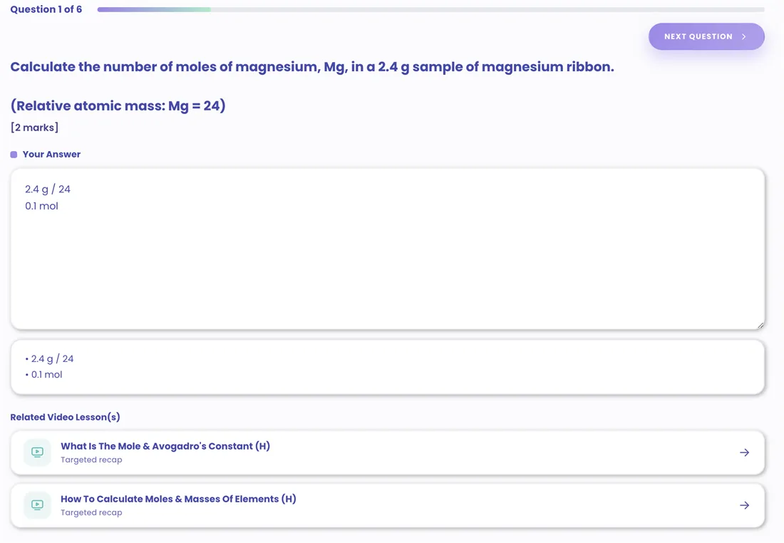 GCSE Chemistry moles exam question with a marked answer and related video lessons