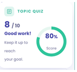 Topic quiz result card showing 8 out of 10, an 80% score ring and 'Good work!'