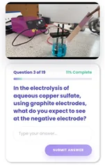 A KayScience video lesson playing beside the quiz question a student answers