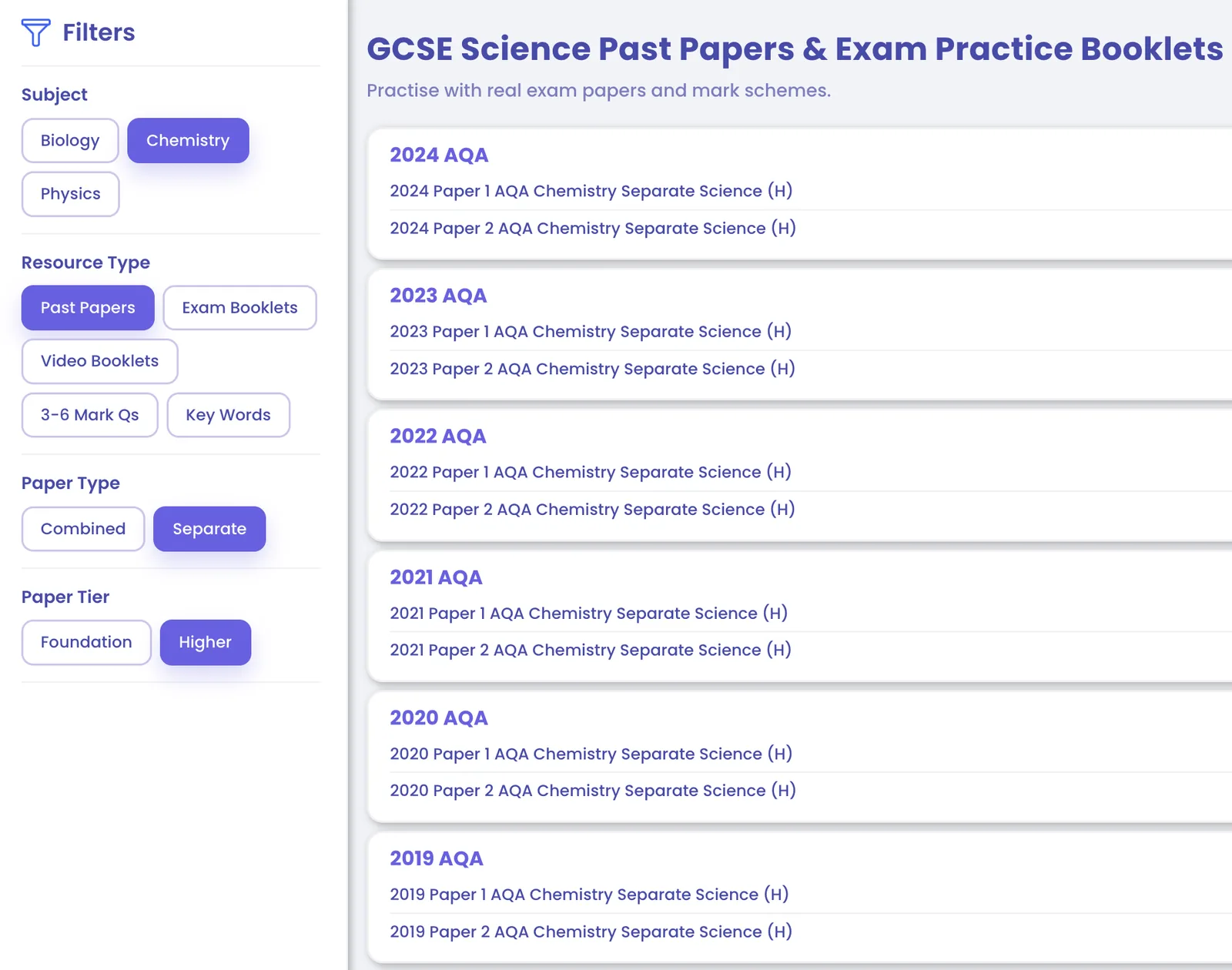 GCSE science past papers and exam practice booklets with subject filters
