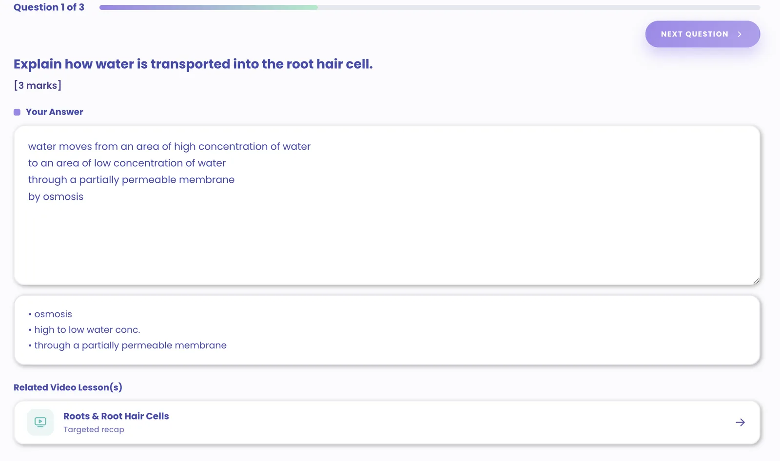 Exam-style question with a marked answer and a related video lesson