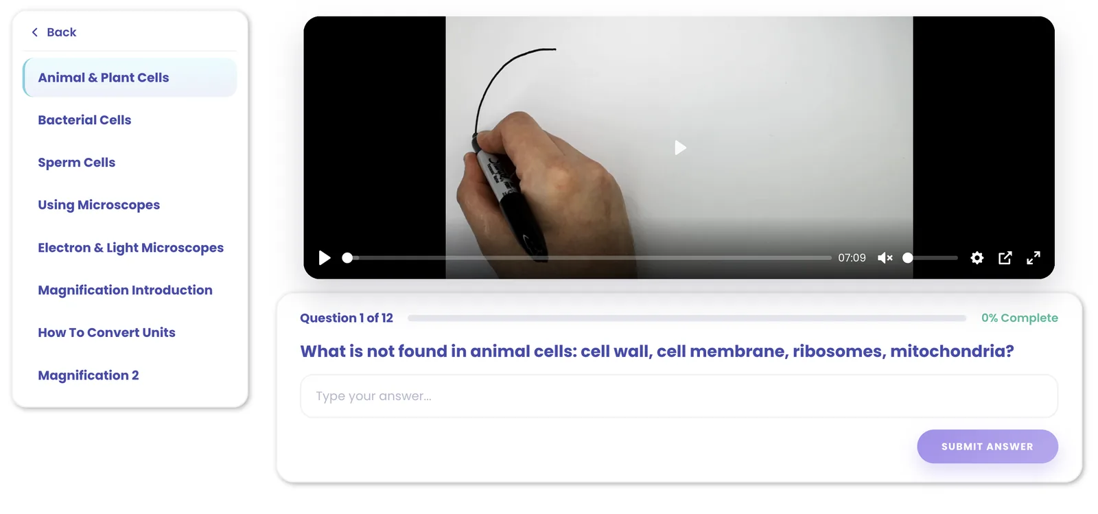 A KayScience video lesson playing beside the quiz question a student answers