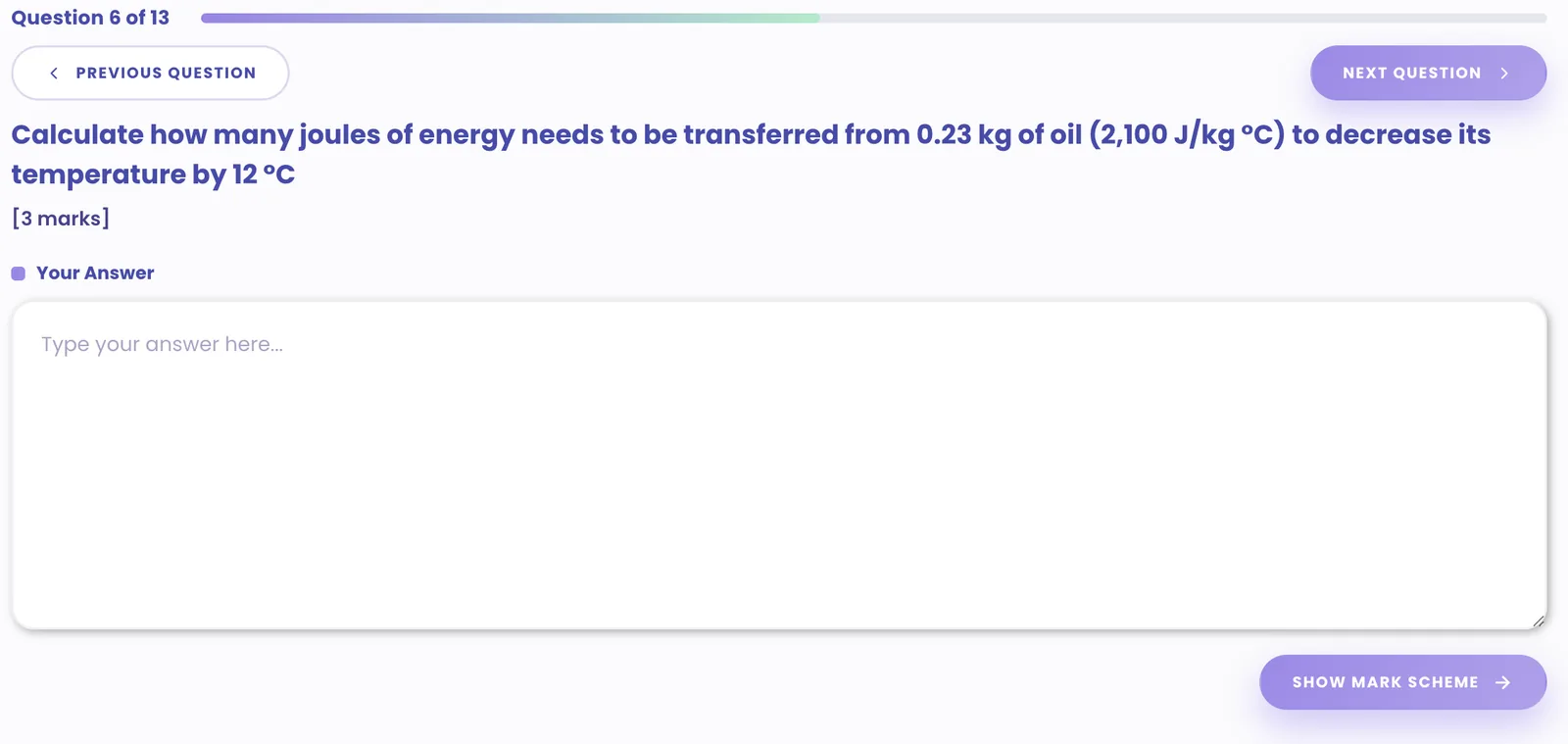 Exam question with marks, an answer box and a show mark scheme button