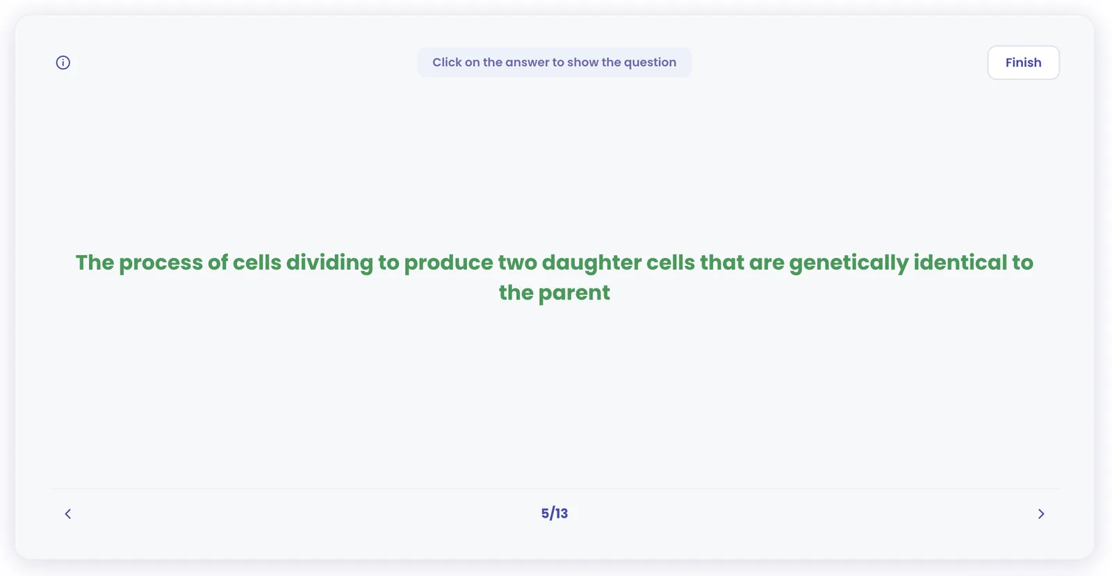 Flash card showing a definition with the question hidden until clicked