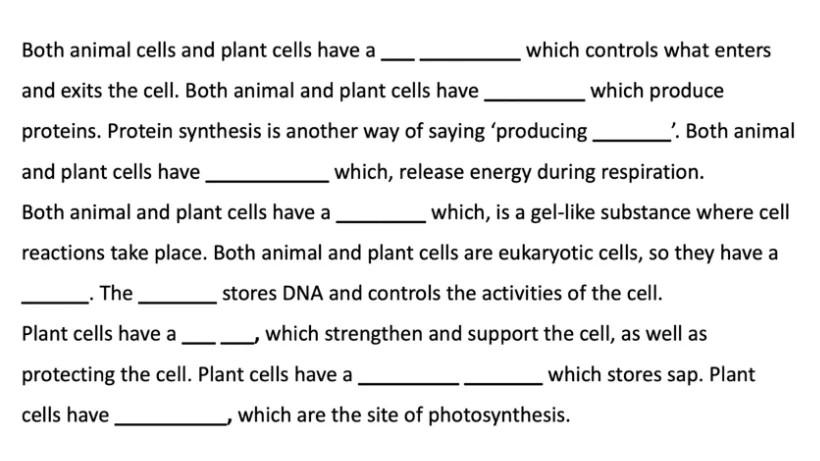 Gap fill exercise on animal and plant cells with blanks to complete