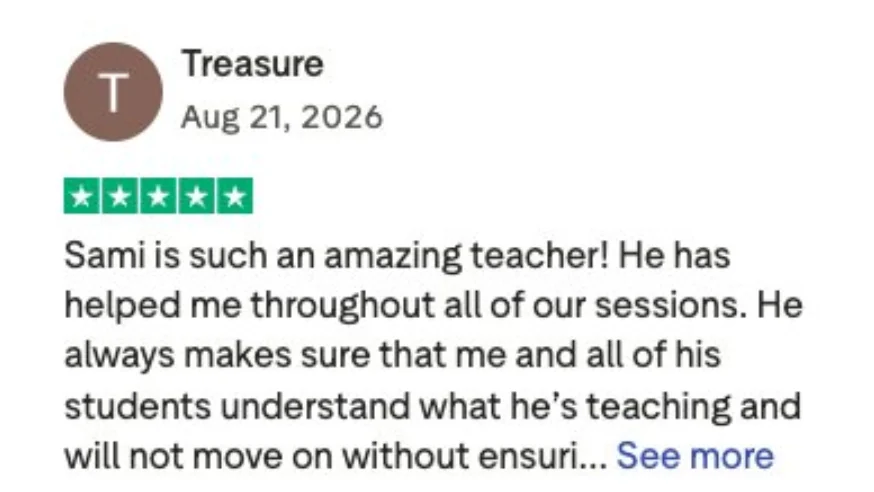 Five star Trustpilot review from a student about their live lesson teacher