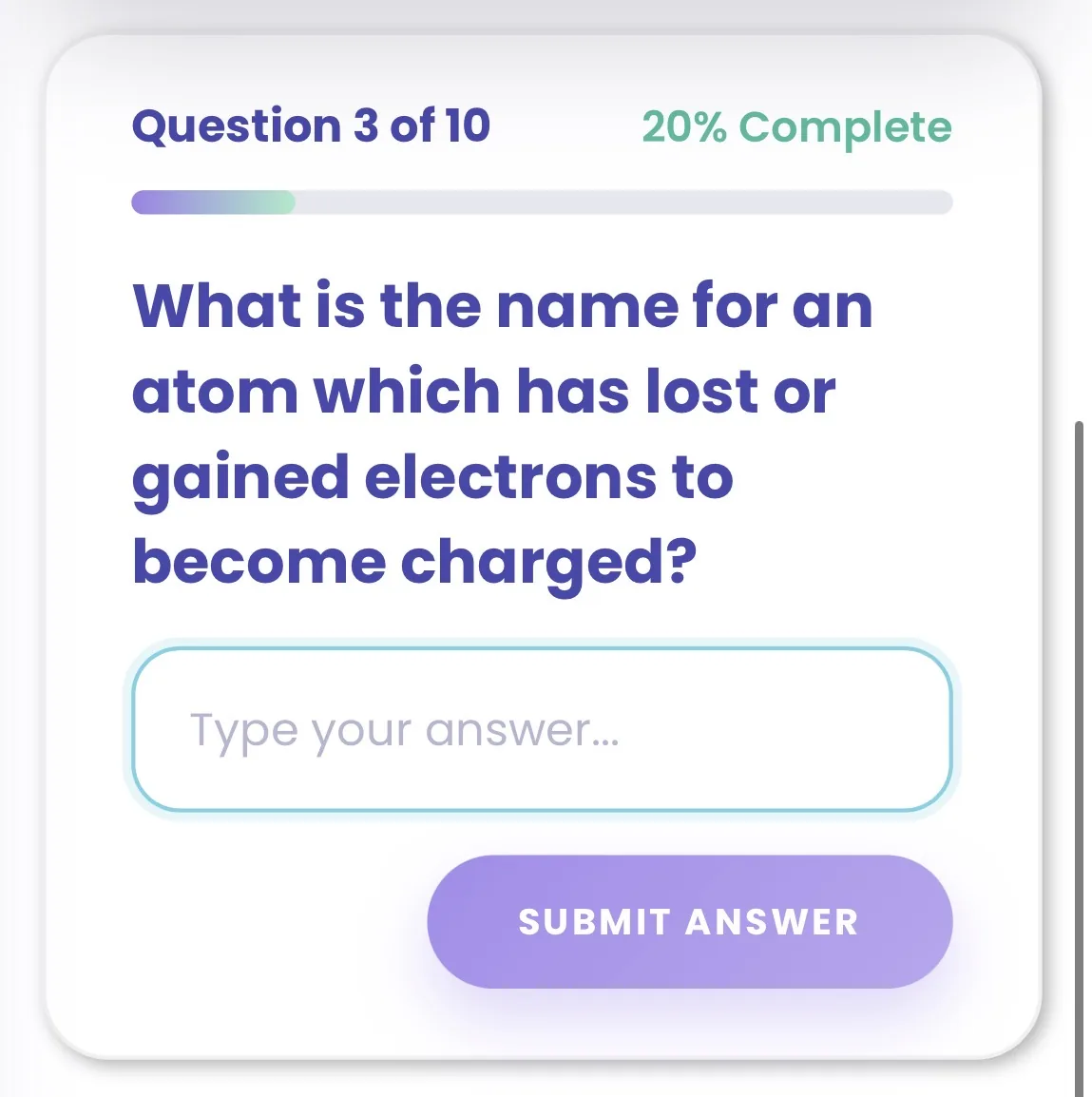 Topic quiz question with a progress bar and an answer box