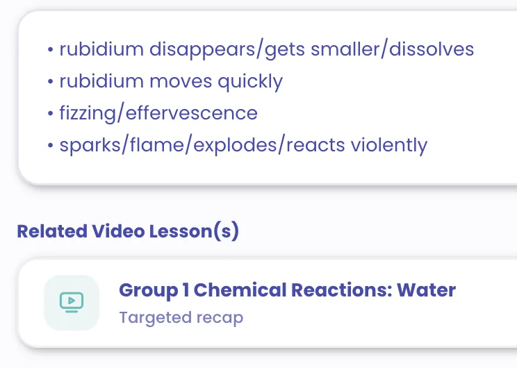 Marked quiz answers with the related video lesson suggested underneath