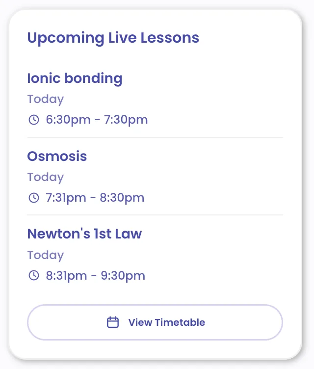 Upcoming live lessons list with times and a view timetable button